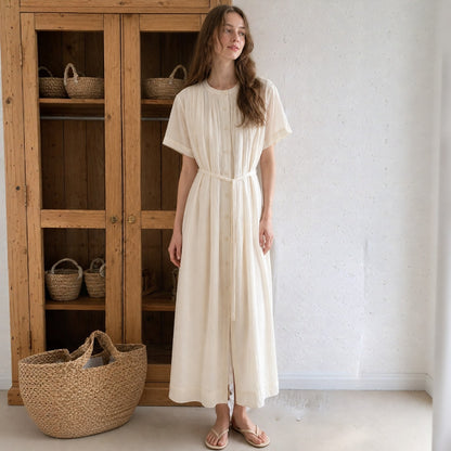 Pintuck Button-Front Belted A-Line Midi Dress - Women One Size