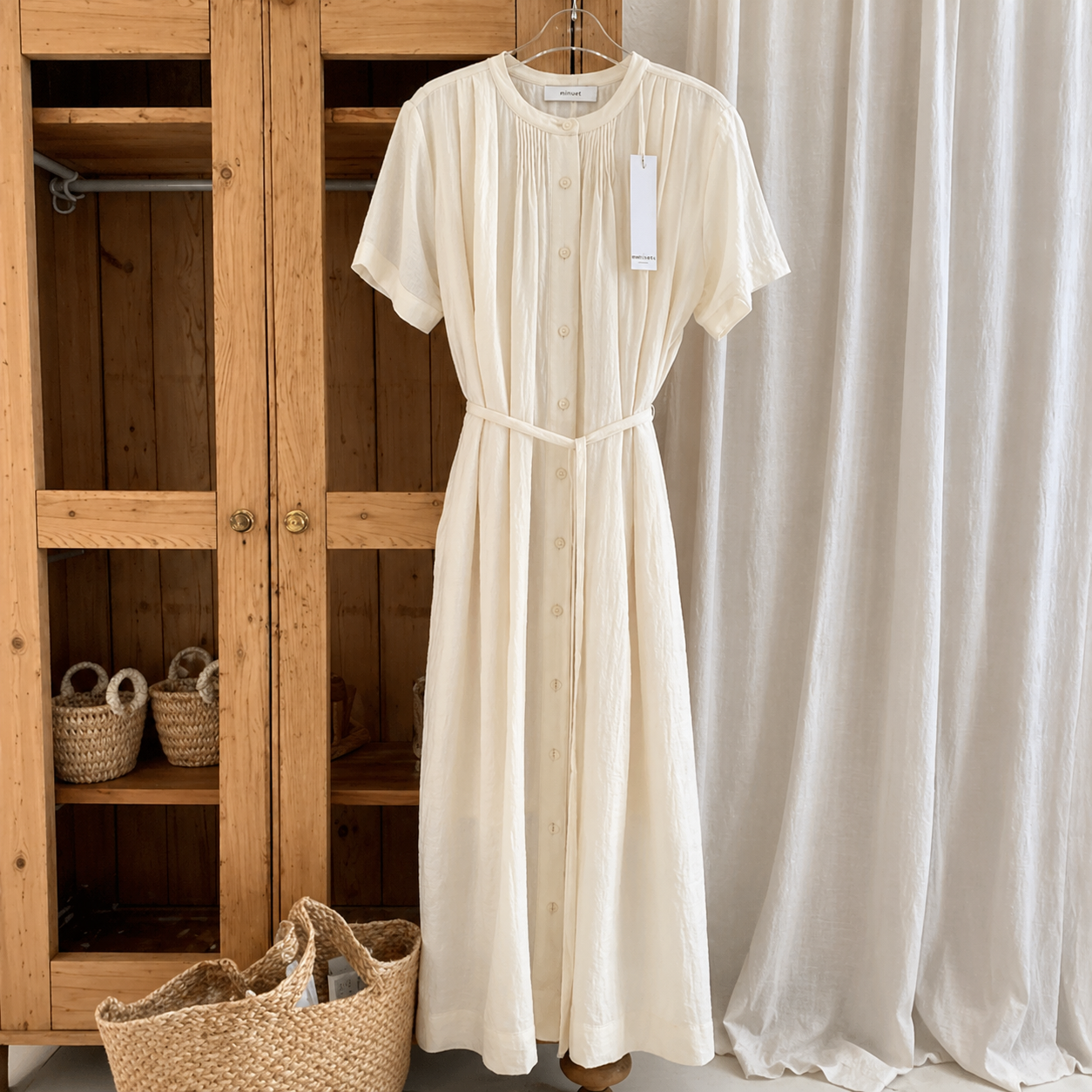 Pintuck Button-Front Belted A-Line Midi Dress - Women One Size
