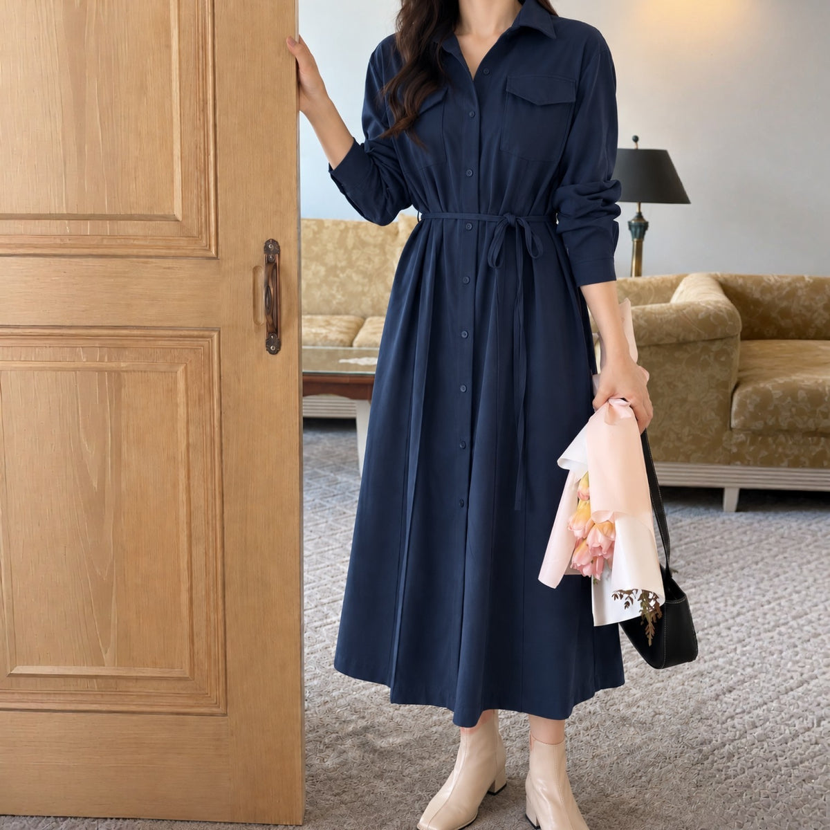 THEA Belted Long Shirt Dress - Women One Size