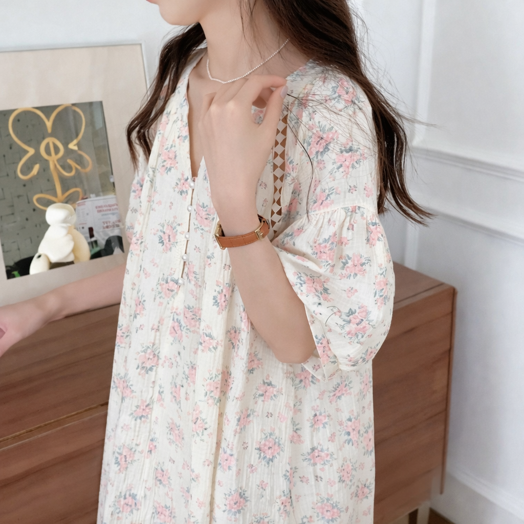 Rose Garden Gauze Cotton Nightdress – Pearl Button & Lace Detail