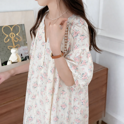 Rose Garden Gauze Cotton Nightdress – Pearl Button & Lace Detail