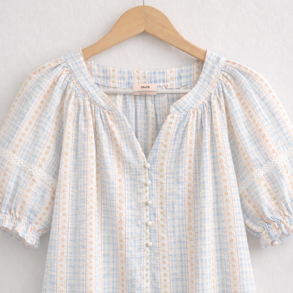 Stripe Floral  Cotton Pajama Set – Pearl Button & Lace Detail