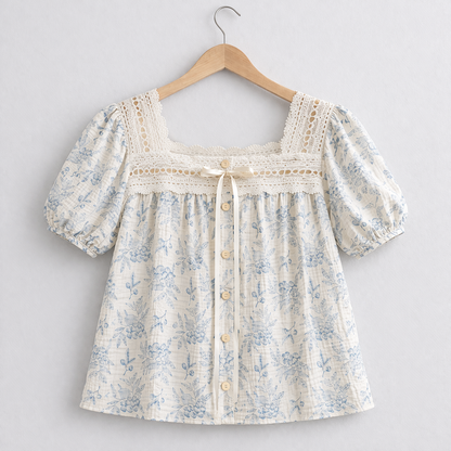 Blueberry Floral Gauze Cotton Pajama Set – Lace Trim Blouse & Shorts