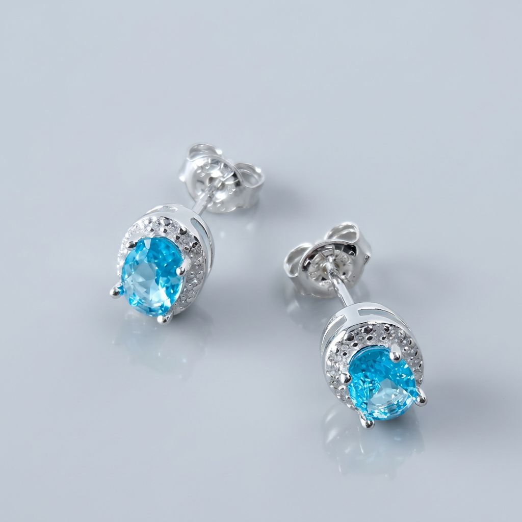 Sky Blue Oval Cubic Stud Earrings in Sterling Silver – Made in Korea