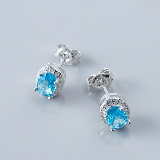 Sky Blue Oval Cubic Stud Earrings in Sterling Silver – Made in Korea
