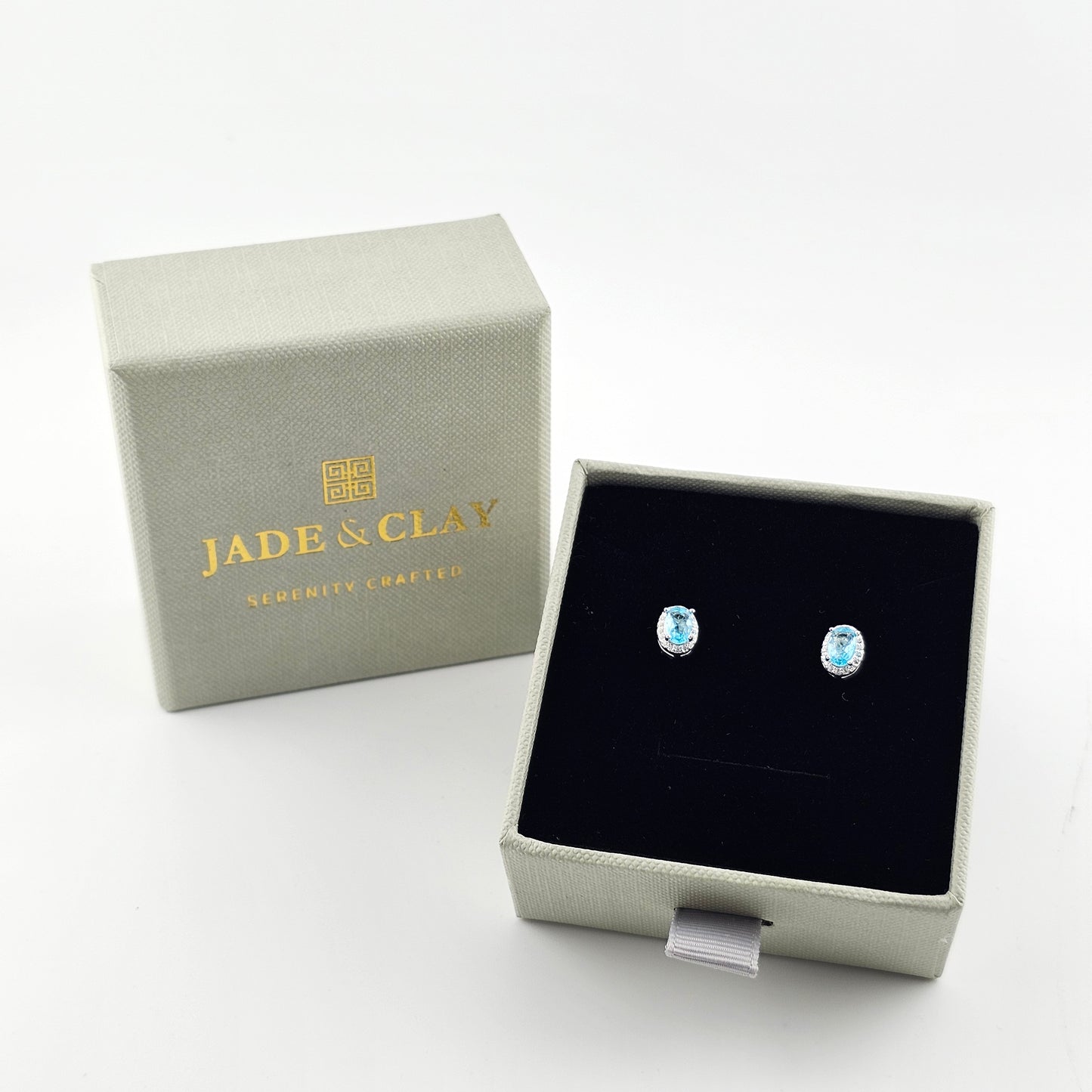 Sky Blue Oval Cubic Stud Earrings in Sterling Silver – Made in Korea