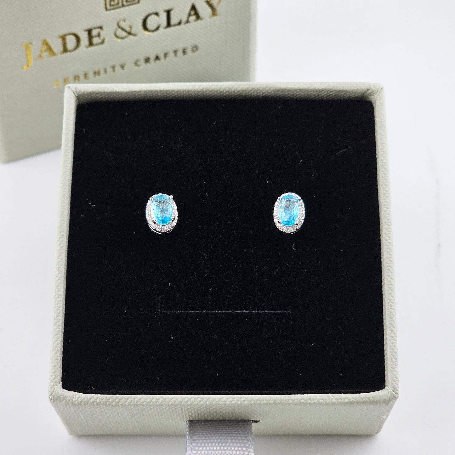 Sky Blue Oval Cubic Stud Earrings in Sterling Silver – Made in Korea