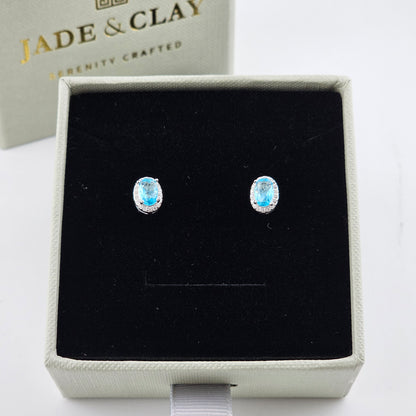 Sky Blue Oval Cubic Stud Earrings in Sterling Silver – Made in Korea
