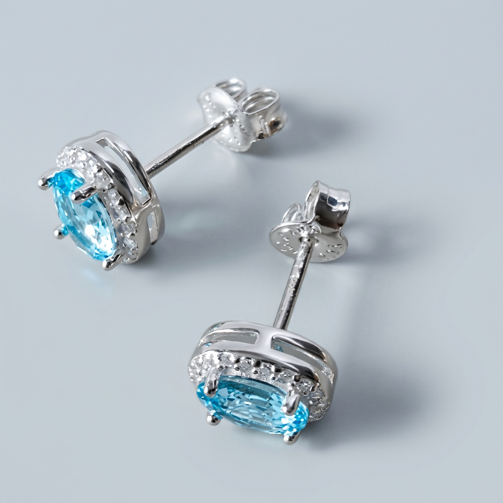 Sky Blue Oval Cubic Stud Earrings in Sterling Silver – Made in Korea