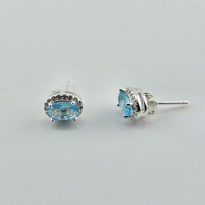 Sky Blue Oval Cubic Stud Earrings in Sterling Silver – Made in Korea