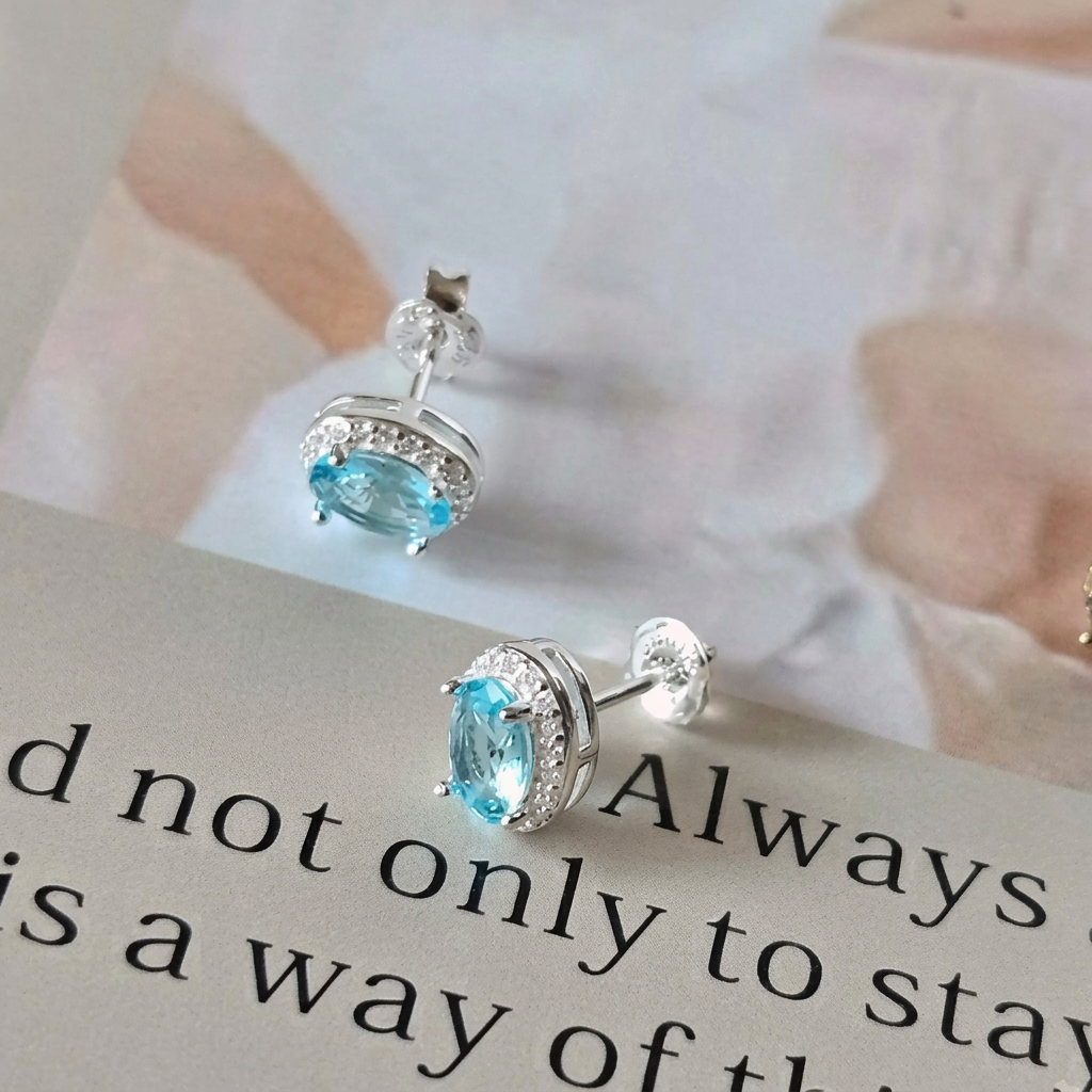 Sky Blue Oval Cubic Stud Earrings in Sterling Silver – Made in Korea