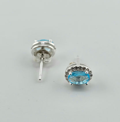 Sky Blue Oval Cubic Stud Earrings in Sterling Silver – Made in Korea