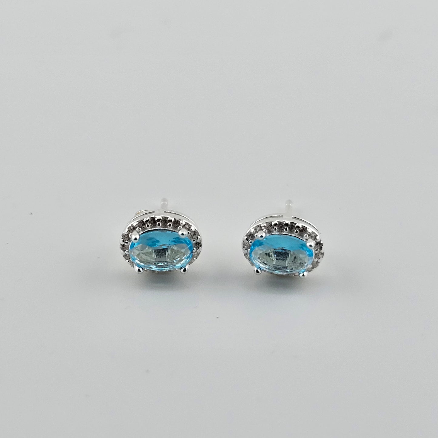 Sky Blue Oval Cubic Stud Earrings in Sterling Silver – Made in Korea