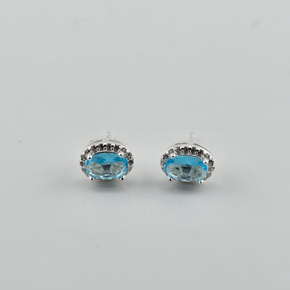 Sky Blue Oval Cubic Stud Earrings in Sterling Silver – Made in Korea