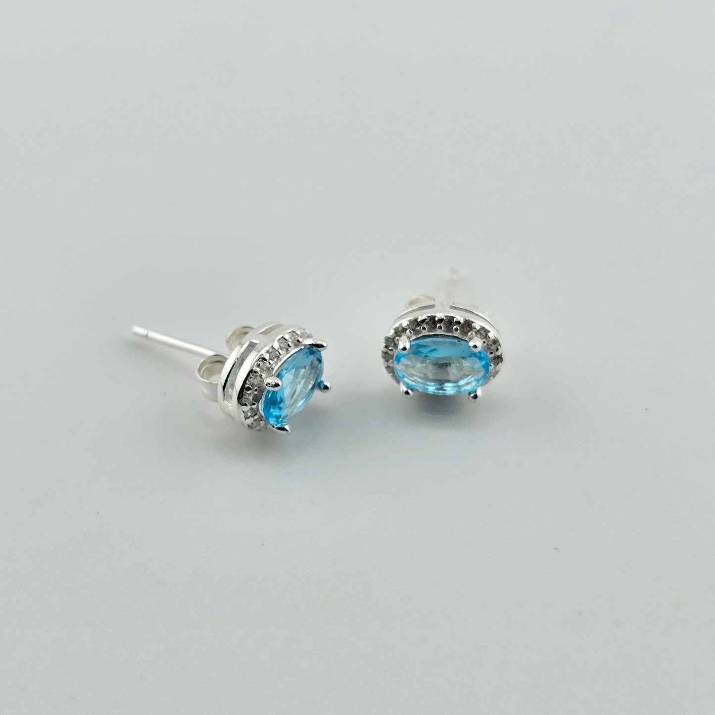 Sky Blue Oval Cubic Stud Earrings in Sterling Silver – Made in Korea