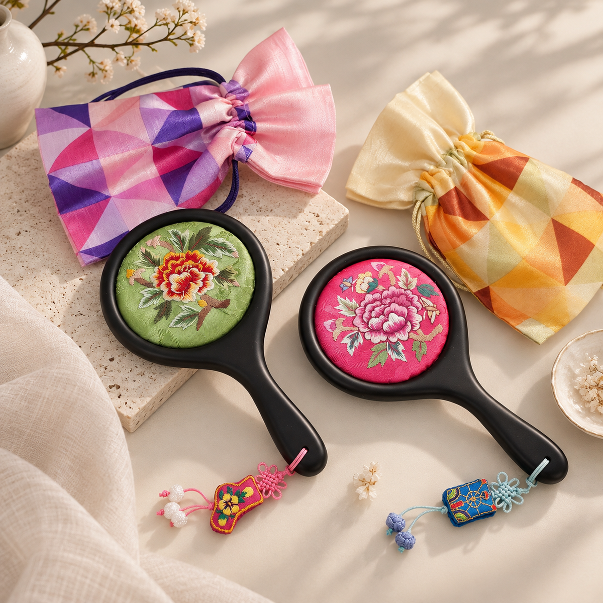 Korean Floral Embroidered Hand Mirror with Pouch