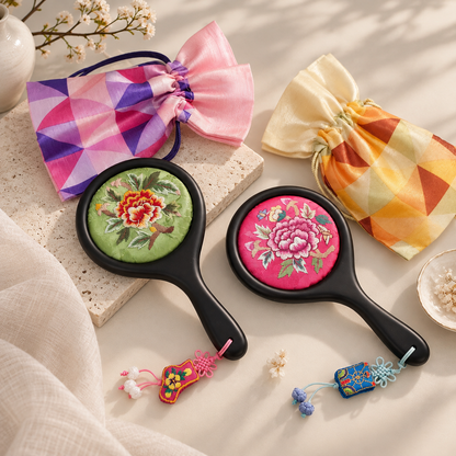 Korean Floral Embroidered Hand Mirror with Pouch