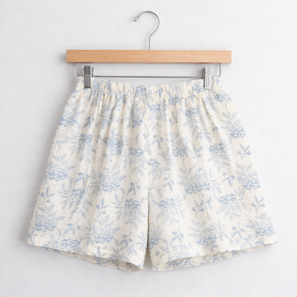 Blueberry Floral Gauze Cotton Pajama Set – Lace Trim Blouse & Shorts