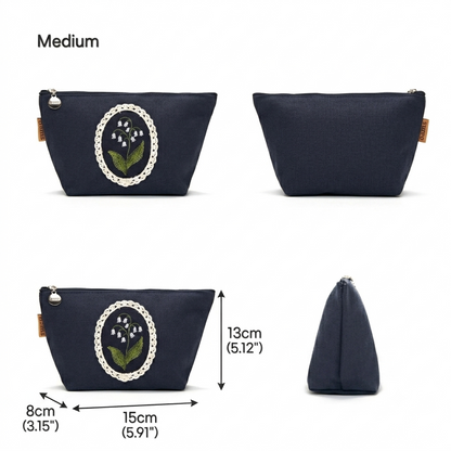 Lily Embroidery Pouch – Linen Blend Zipper Bag (Medium & Large) Made in Korea