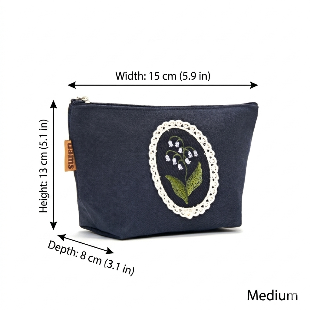 Lily Embroidery Pouch – Linen Blend Zipper Bag (Medium & Large) Made in Korea