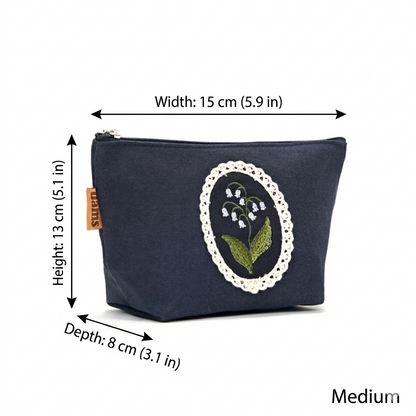 Lily Embroidery Pouch – Linen Blend Zipper Bag (Medium & Large) Made in Korea