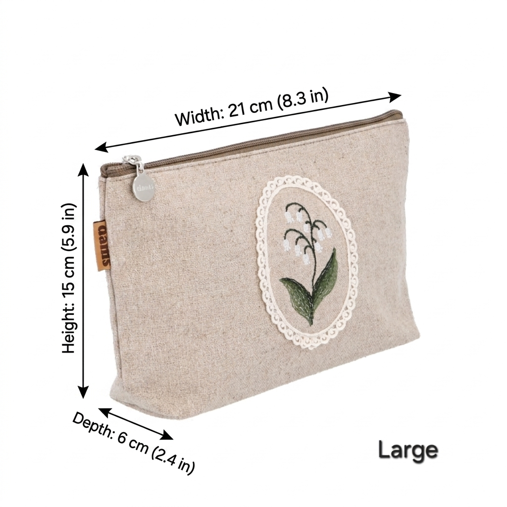 Lily Embroidery Pouch – Linen Blend Zipper Bag (Medium & Large) Made in Korea