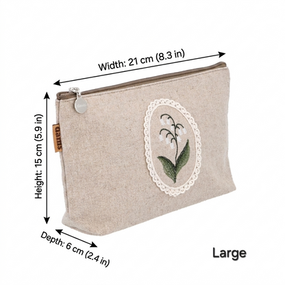 Lily Embroidery Pouch – Linen Blend Zipper Bag (Medium & Large) Made in Korea