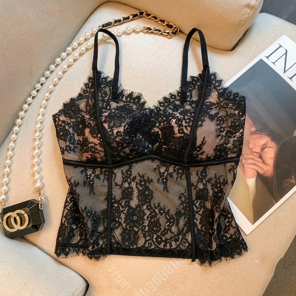 BLANC Lace Top with Built-In Bra Cup Adjustable Strap Stretch Lace Cami - Women One Size