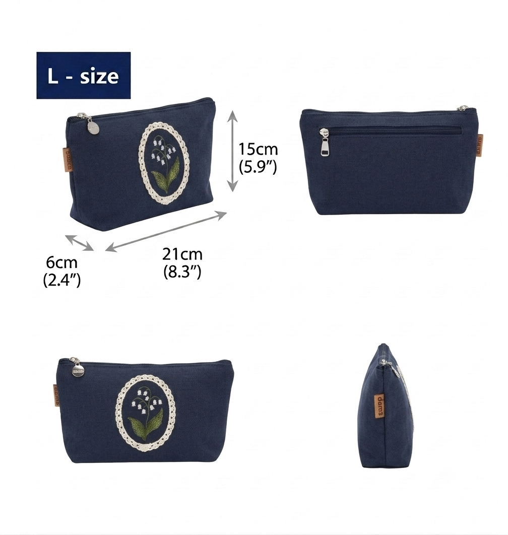 Lily Embroidery Pouch – Linen Blend Zipper Bag (Medium & Large) Made in Korea