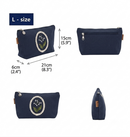 Lily Embroidery Pouch – Linen Blend Zipper Bag (Medium & Large) Made in Korea