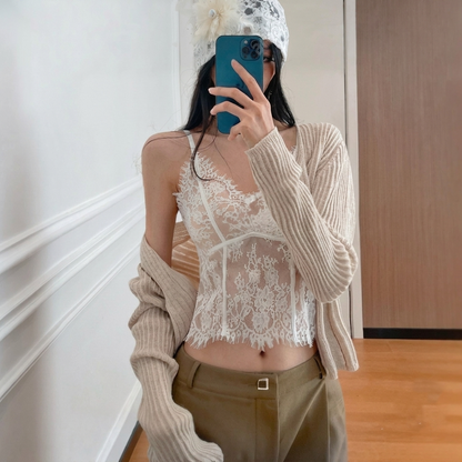 BLANC Lace Top with Built-In Bra Cup Adjustable Strap Stretch Lace Cami - Women One Size