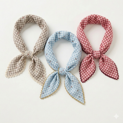 Mini Cherry Gingham Lace Cotton Handkerchief – Soft Square Petit Scarf