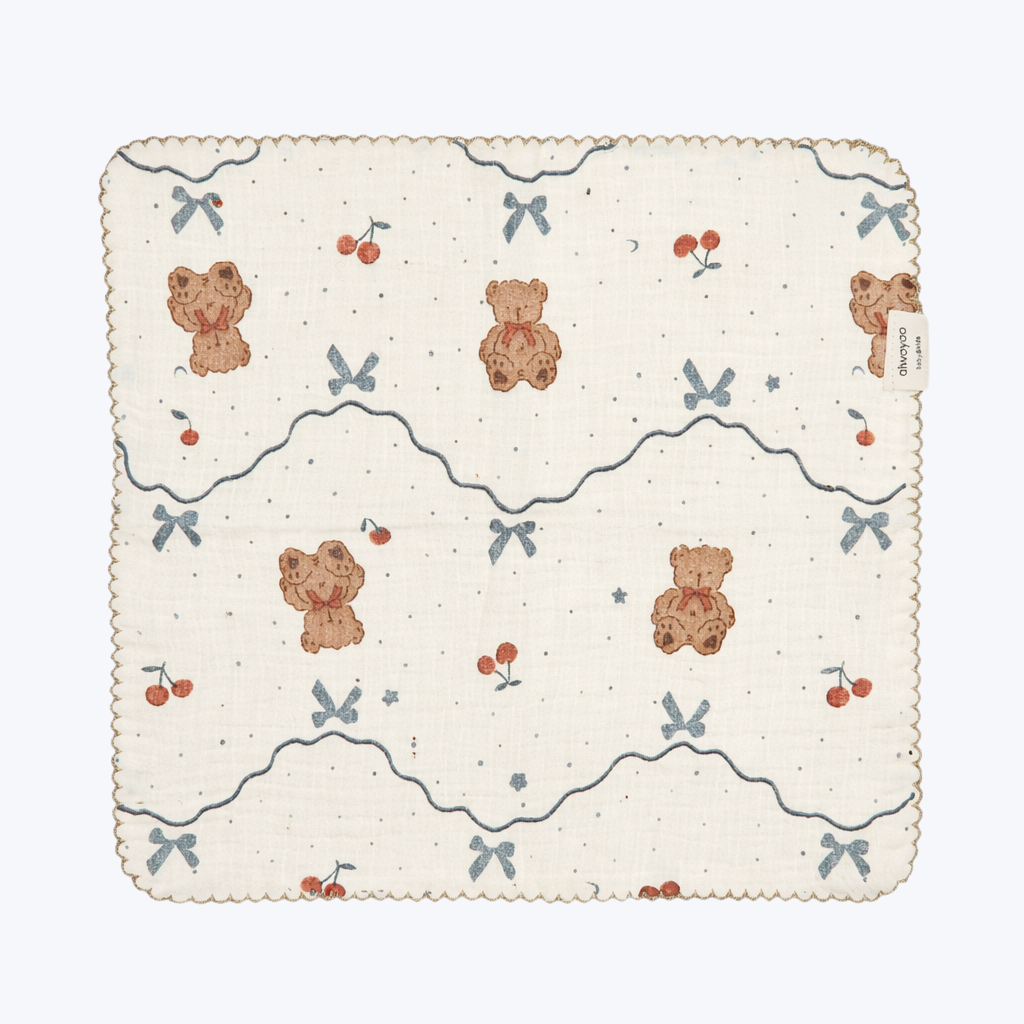 Teddy Ribbon Cherry Gauze Handkerchief
