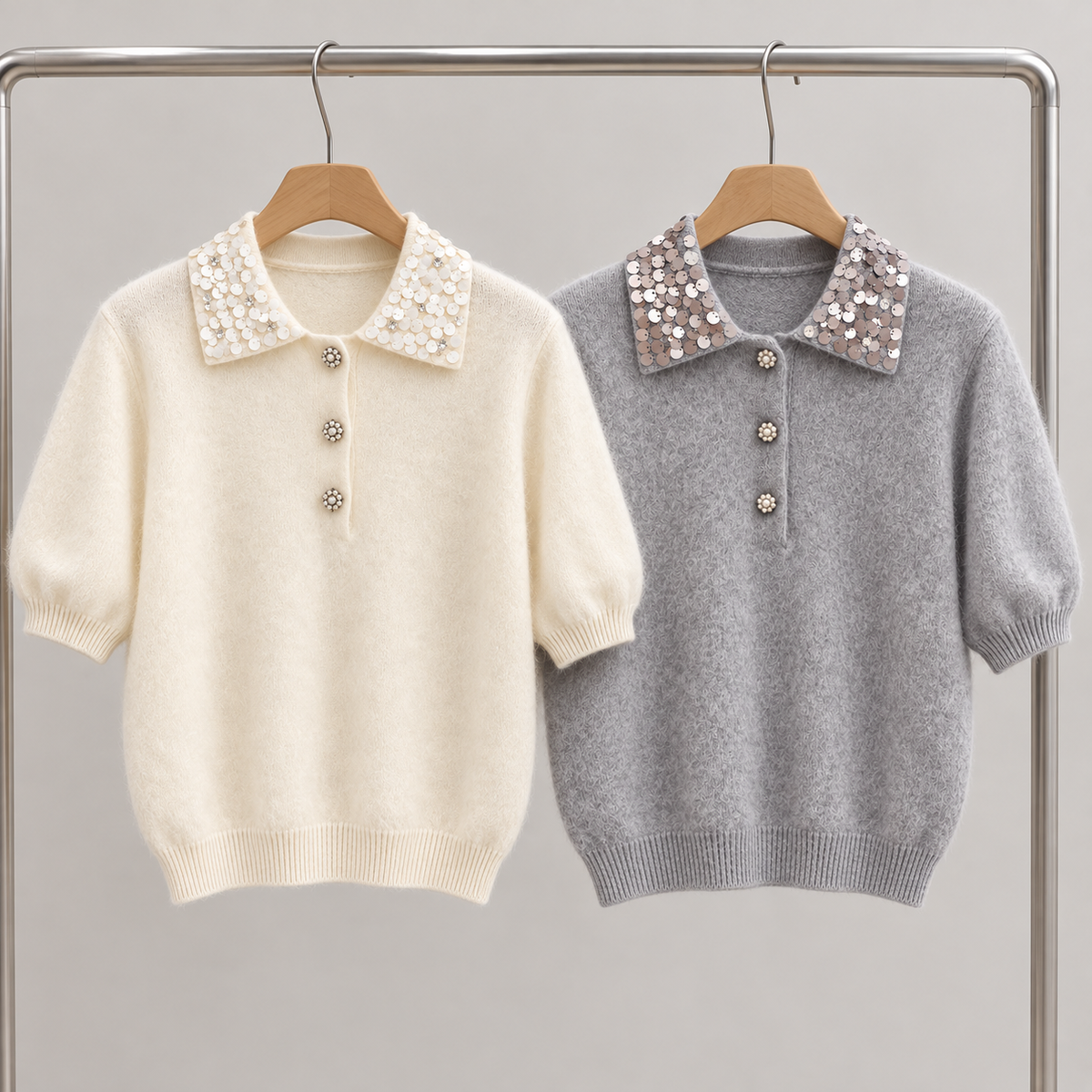 Embellished Collar Wool Cashmere Silk Knit Top - Women One Size