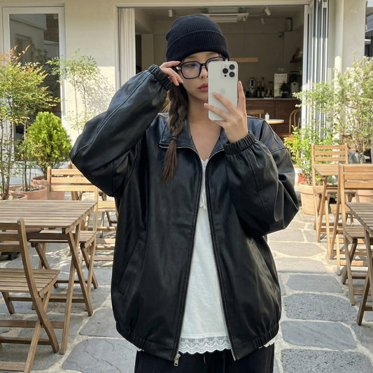 Minimal Style Faux Leather Jacket / Unisex (Oversized Fit for Women)