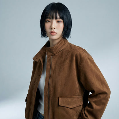 Madrid Suede Cropped Blouson Jacket - Brown