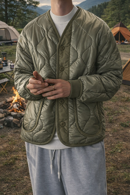 Quilted Padded Jacket - Olive  (Unisex)