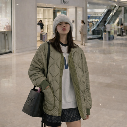 Quilted Padded Jacket - Olive  (Unisex)