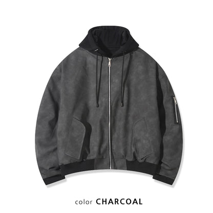 Attached-Layer Hooded Padded Jacket - Charcoal Suede  (Unisex)