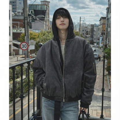 Attached-Layer Hooded Padded Jacket - Charcoal Suede  (Unisex)
