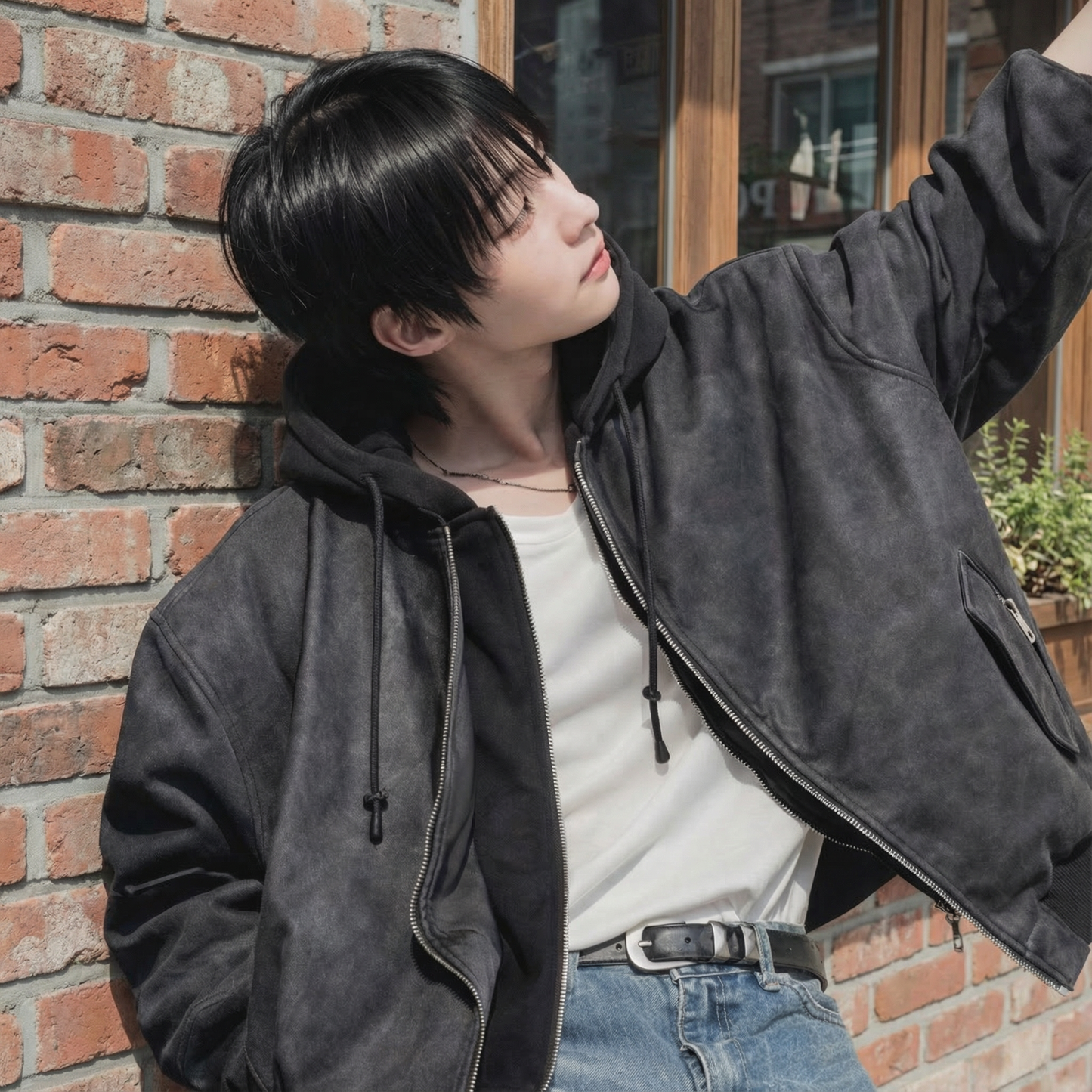 Attached-Layer Hooded Padded Jacket - Charcoal Suede  (Unisex)