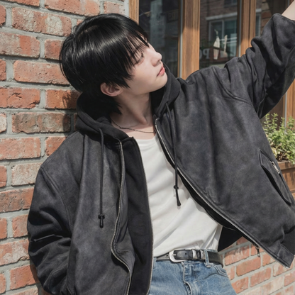 Attached-Layer Hooded Padded Jacket - Charcoal Suede  (Unisex)