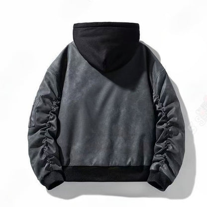 Attached-Layer Hooded Padded Jacket - Charcoal Suede  (Unisex)