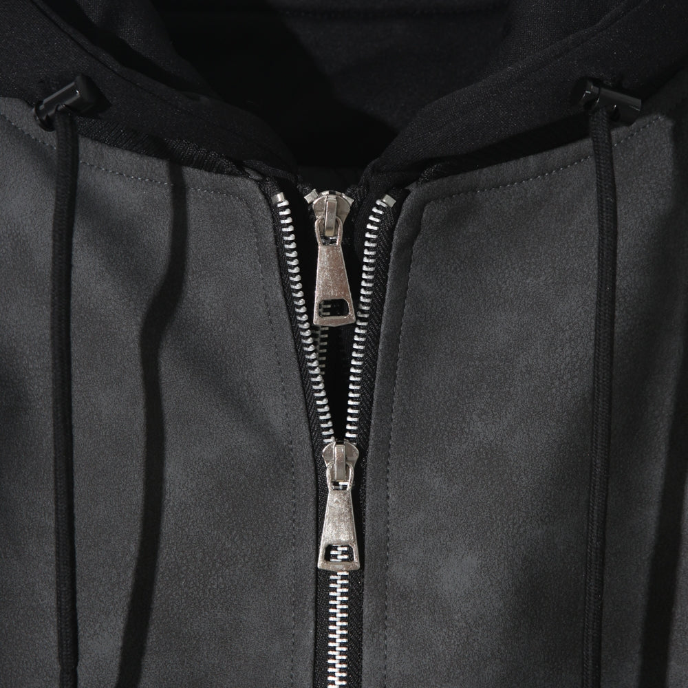 Attached-Layer Hooded Padded Jacket - Charcoal Suede  (Unisex)