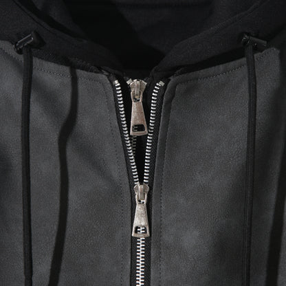 Attached-Layer Hooded Padded Jacket - Charcoal Suede  (Unisex)