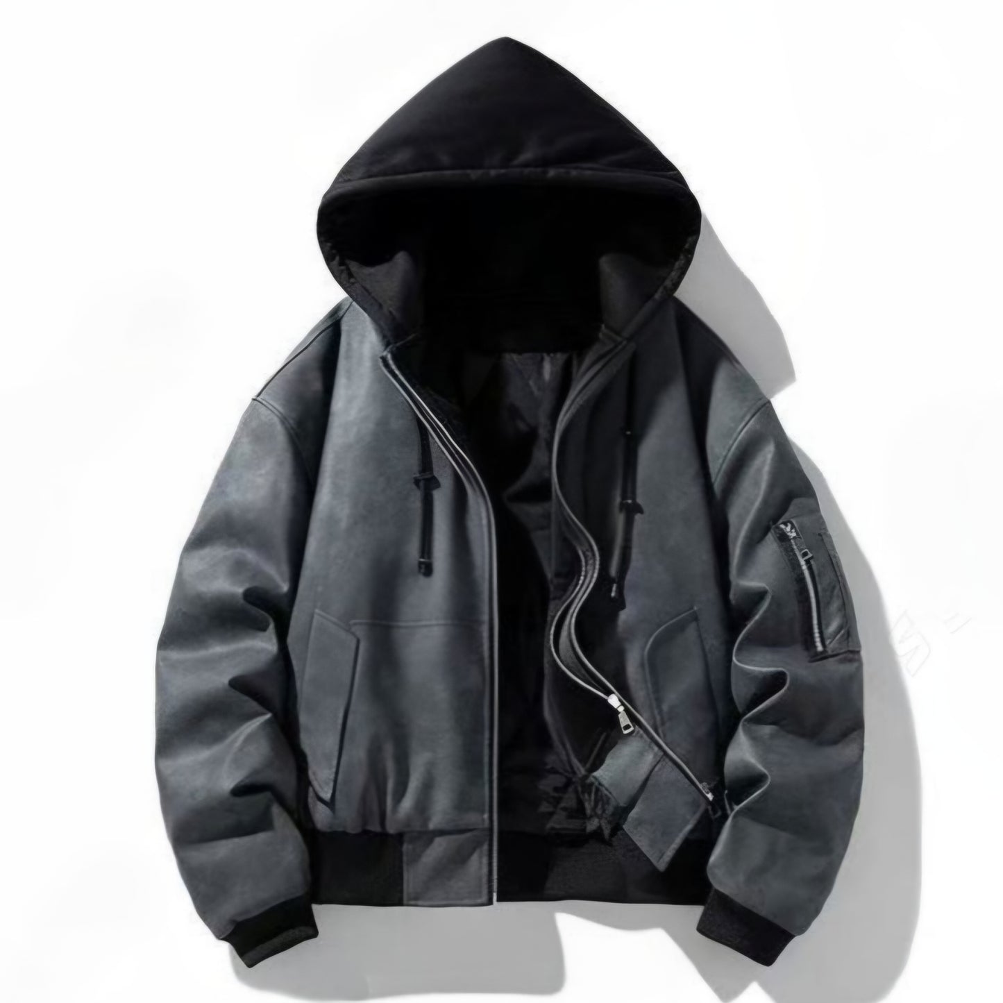 Attached-Layer Hooded Padded Jacket - Charcoal Suede  (Unisex)