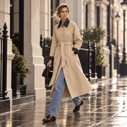 Woven Vegan Leather-Trimmed Long Trench Coat – Women’s One Size