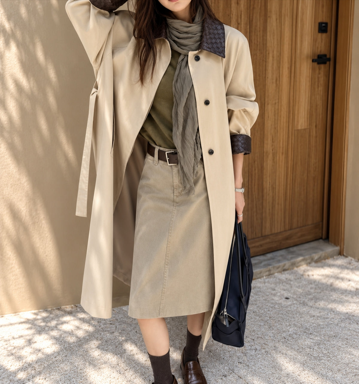 Woven Vegan Leather-Trimmed Long Trench Coat – Women’s One Size