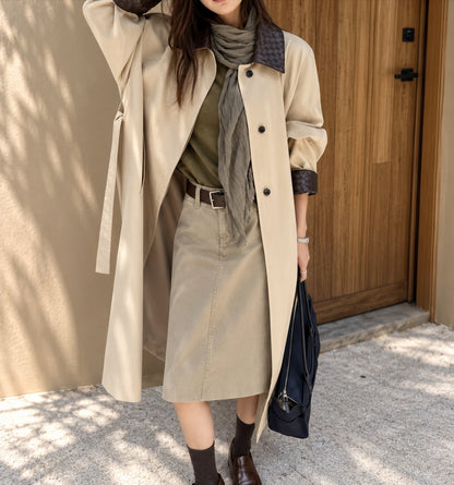 Woven Vegan Leather-Trimmed Long Trench Coat – Women’s One Size