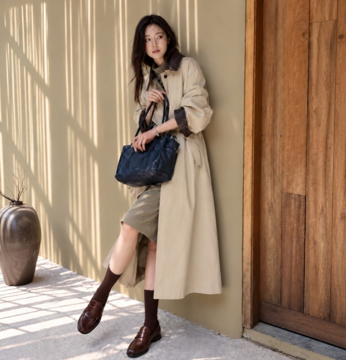 Woven Vegan Leather-Trimmed Long Trench Coat – Women’s One Size